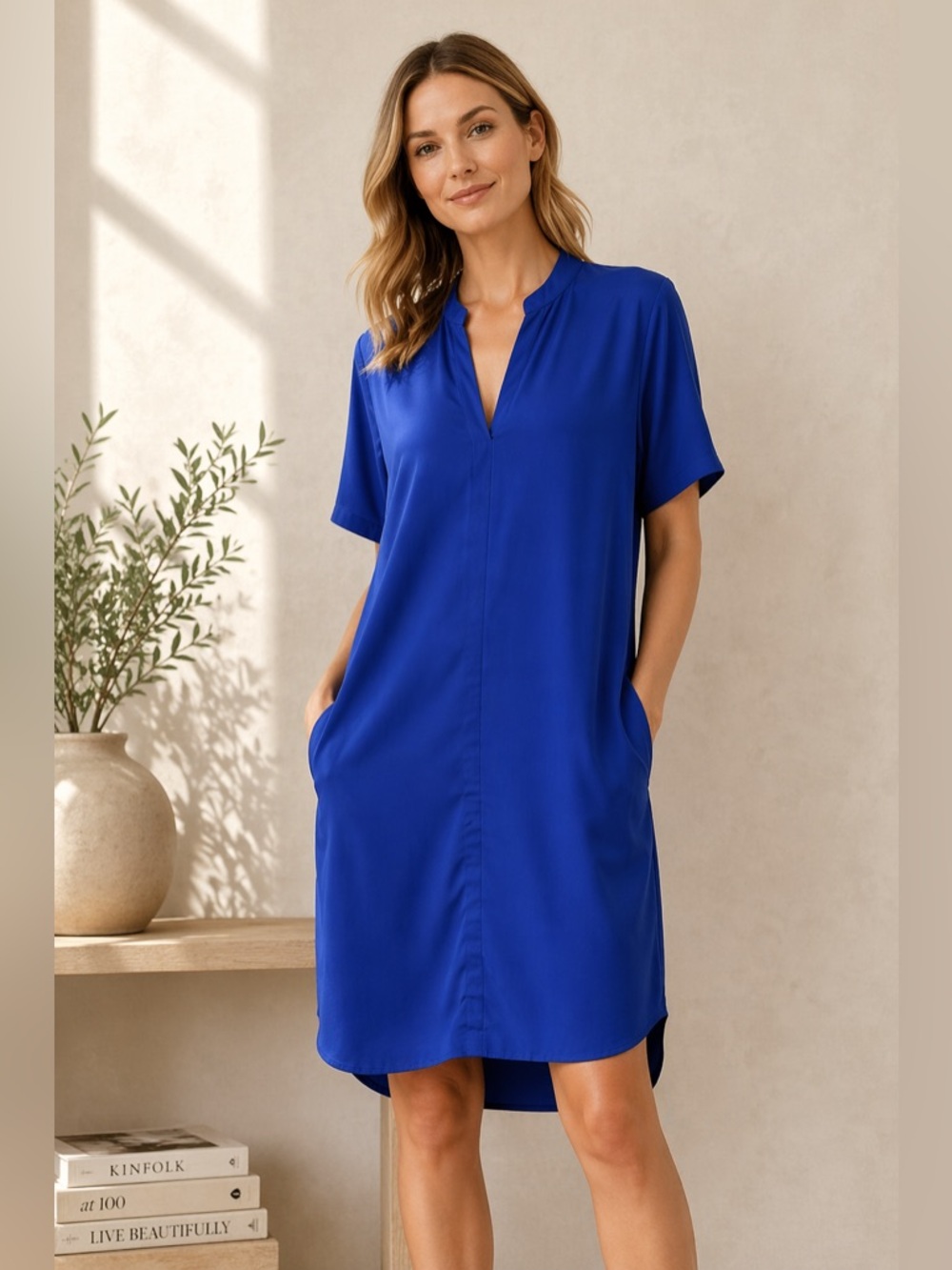 Vince Cobalt Blue Shift Dress Silk Trim Pockets Minimalist Tunic Small